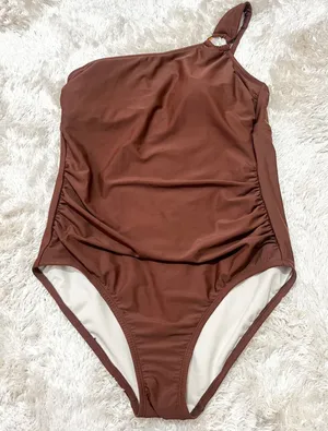 Brown One Piece Swimsuit Womens XL One Shoulder Ruched Padded Bathing‎ Suit thumbnail 1