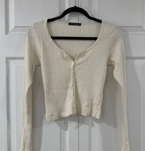 Brandy Melville Cream / White Metallic Henley Sweater Cardigan thumbnail 1