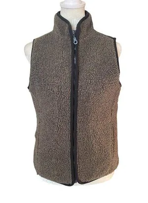 gray and black sherpa sleeveless zip up vest women's size small thumbnail 1