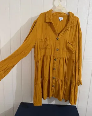 Mud Pie Mustard Yellow Tiered Button Down Shirt Dress Long Sleeve Large thumbnail 1