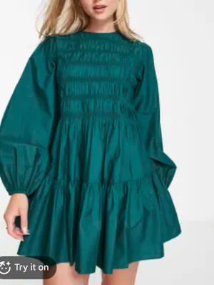 Asos Womens Cotton Shirred Mini Smocked Dress Green 6/Medium thumbnail 6