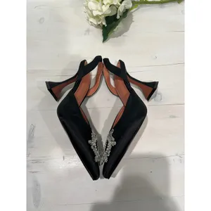 Black Satin Slingback Heels Crystal‎ Embellished Pumps Party Evening Occasion thumbnail 5
