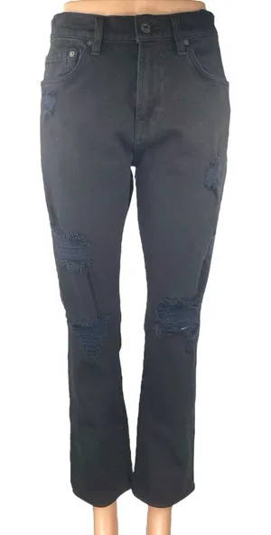 7 For All Mankind Paxtyn Black Distressed High Waist Bootcut Denim Jeans Size 30 thumbnail 1