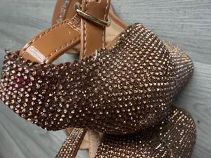 Rhinestone Block Heel Sandals Ankle Strap Brown Nude Sparkly Dress Heels thumbnail 4