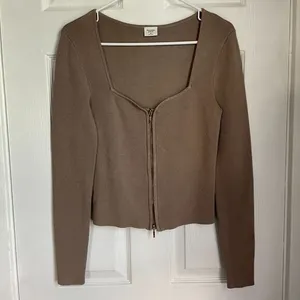 Abercrombie & Fitch Taupe Zip-Up Notch-Neck Slim Green Top Women's Medium thumbnail 1