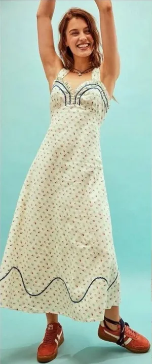 Free People Dainty Western Prairie Sweet Hearts Midi Dress in Ivory Combo Medium thumbnail 1