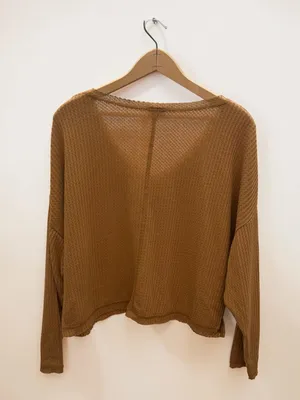 Others Follow Brown Waffle Knit V-Neck Cropped Long‎ Sleeve Top Size M thumbnail 2