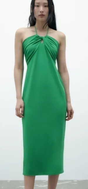 Zara Green Twist Front Halter Sleeveless Midi Seersucker Slip Dress NWT Large thumbnail 1