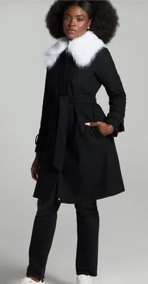 Gabrielle Union NWT Black Wool Blend Belted Coat Removable Faux Fur‎ Collar XS thumbnail 1