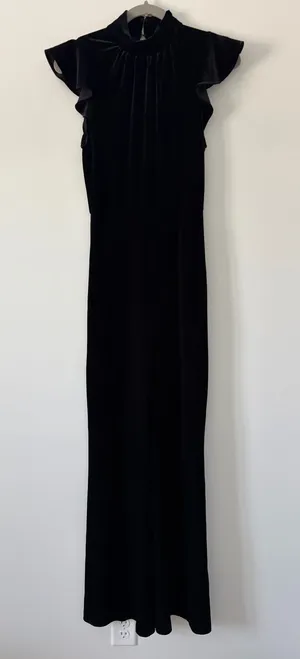 Amanda Uprichard x REVOLVE Davina Jumpsuit in Black Velvet Flutter Top Flare Leg thumbnail 1