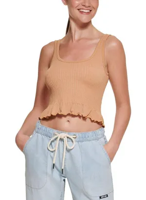NWT Dkny Jeans Women's Cropped Ruffled-Hem Tank Top E22HAB35 XXS Doe Brown thumbnail 1