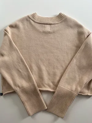 GAP Beige 100% Cotton Cropped Knit Sweater Roll Hem Long Cuffs M thumbnail 3
