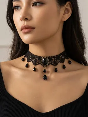 Gorgeous Retro Style Tassel Crystal Lace Halloween Necklace Faux Fashion Jewelry thumbnail 1