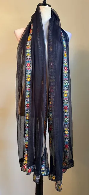 Black Mesh Dupatta Scarf MultiColor Floral Embroidery Mirror Work boho whimsigot thumbnail 1
