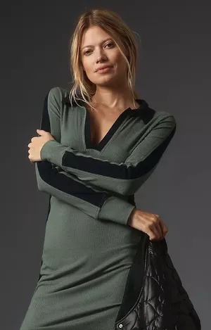 Anthropologie Daily Practice Colorblock Polo Midi Long Sleeve Green Dress S thumbnail 1