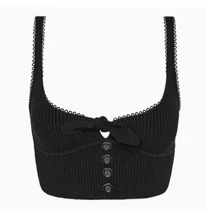 For Love and Lemons Pointelle Knit Crop Top Black Flower Ribbed Bow Coquette thumbnail 3