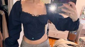 Le Lis navy Lace-Trim corset balloon sleeves thumbnail 1