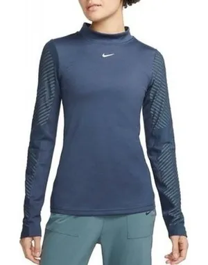 Nike Pro Therma-FIT ADV Womens Mock‎ Neck Long Sleeve Training Top Navy Blue L thumbnail 1