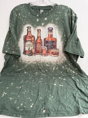 Gildan Green Bleach-Splatter Tee with Whiskey & Bottle Graphic thumbnail 1