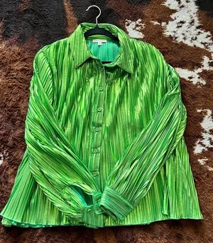 Flying Tomato NWOT Boutique  pleated lime metallic button down top size small thumbnail 6