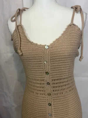 Tie-Shoulder Knit Mini Dress in Tan thumbnail 7
