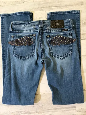 Miss Me Blue Denim Bootcut Jeans with Embellished Wing Pockets Size 29 thumbnail 2