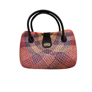Le‎ Sac Woven Straw Top Handle Handbag Colorful Woven Design Black Accents Gold thumbnail 5