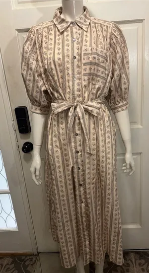 Entro Floral 100% Cotton Puff Sleeve Belted Midi Dress with Pockets Size Small thumbnail 1