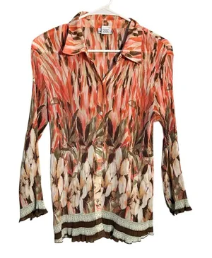 Nicola‎ Women's Size Large Pleated Plisse Blouse Brown Pink Abstract Floral thumbnail 1
