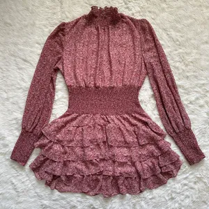 Bardot Dress Georgette Soft Floral Tiered Shirred Mini Long Sleeve Pink M thumbnail 4