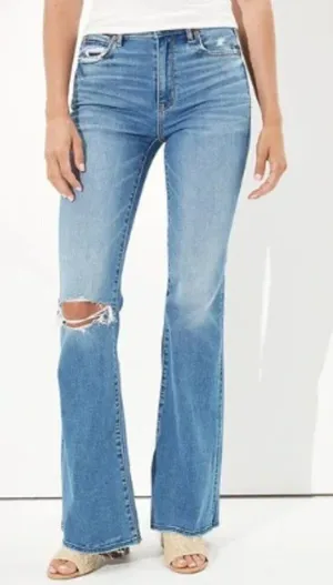 American Eagle Women's Sz 00 Regular Super Hi-Rise Flare Jean Distressed Raw Hem thumbnail 1