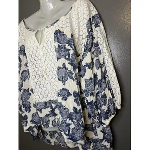 Free People Blouse Womens M White Scoop Neck 3/4 Balloon Sleeve Floral Tunic thumbnail 4