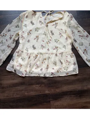 Whimsical LOFT Womens small Cream Floral Peplum Blouse - Lightweight Long Sleeve thumbnail 3