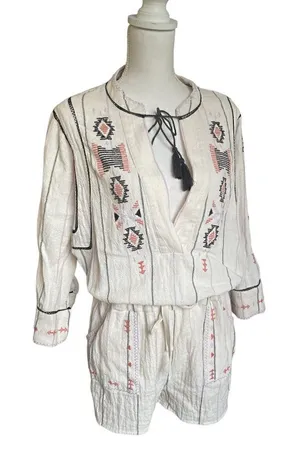Free People Baja Boho Aztec Embroidered Crean V Neck Romper Size S/P thumbnail 1