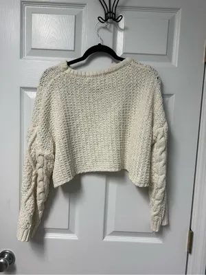 Altar'd State Cream Cable Knit Cropped Crewneck Sweater thumbnail 4