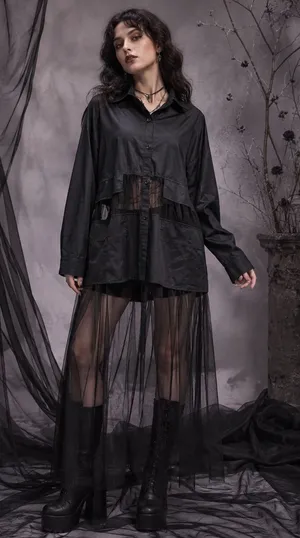 The Vault by Sacha Black Sheer Mesh Tulle Longline Button Down Shirt Medium thumbnail 1