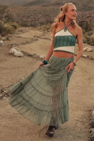 NWT Promesa Striped Lace Tiered Maxi Skirt thumbnail 1