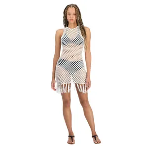 Miken Juniors Mesh Fringe-Hem Tank Cover Up ID012 Ivory Off White M thumbnail 6