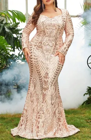 Formal sequence Dress v square Neck long Sleeve Mermaid Evening Gown Size 1X. thumbnail 1