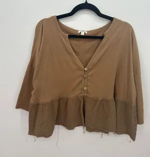 Ice Bird Camel Gauze Peplum Top Boho‎ Oversized Raw Hem Cottagecore Sz M thumbnail 1