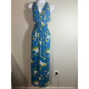 Halogen Blue Floral Smocked Waist Maxi Dress Medium Sleeveless V-Neck‎ NWOT thumbnail 2