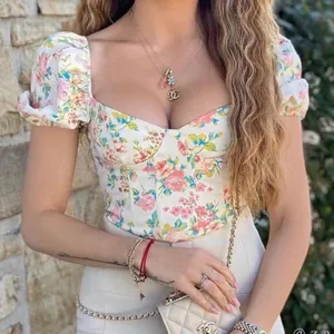 Zara Blouse Womens S White Floral Cropped Puff Sleeve Cottagecore Milkmaid thumbnail 1