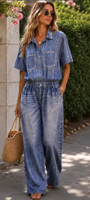 NWT Oddi Acid Washed Chambray Denim Jumpsuits Size Medium Casual thumbnail 1