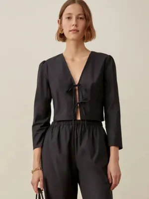 Reformation Medium NEW Hanna Top Black Organic Tie Front Crop Boxy Fit Business thumbnail 6
