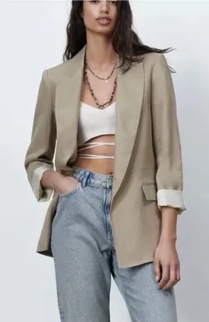 Zara Linen blend Open Front Blazer Jacket Lined Career Women's size S Beige thumbnail 1