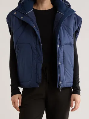 NWT FP Movement by Free People Navy Quilted Parker Hooded Poncho Puffer Vest thumbnail 1