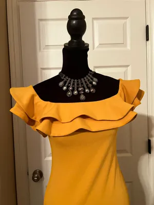 Mind Code Mustard yellow evening cocktail dress with ruffles thumbnail 2