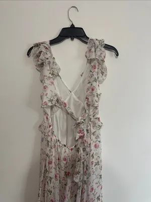 Audrey Parks Floral Ruffle V-Neck Maxi Dress in White with Pink & Green Print thumbnail 5