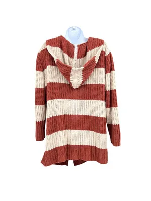 POL Striped Hooded Open Cardigan Sweater Rust Cream Size Small Cozy Boho thumbnail 7