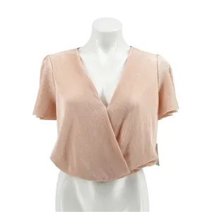 ASTR the Label Plisse Metallic Flutter Sleeve Surplice Wrap Blouse Rose Gold XL thumbnail 2